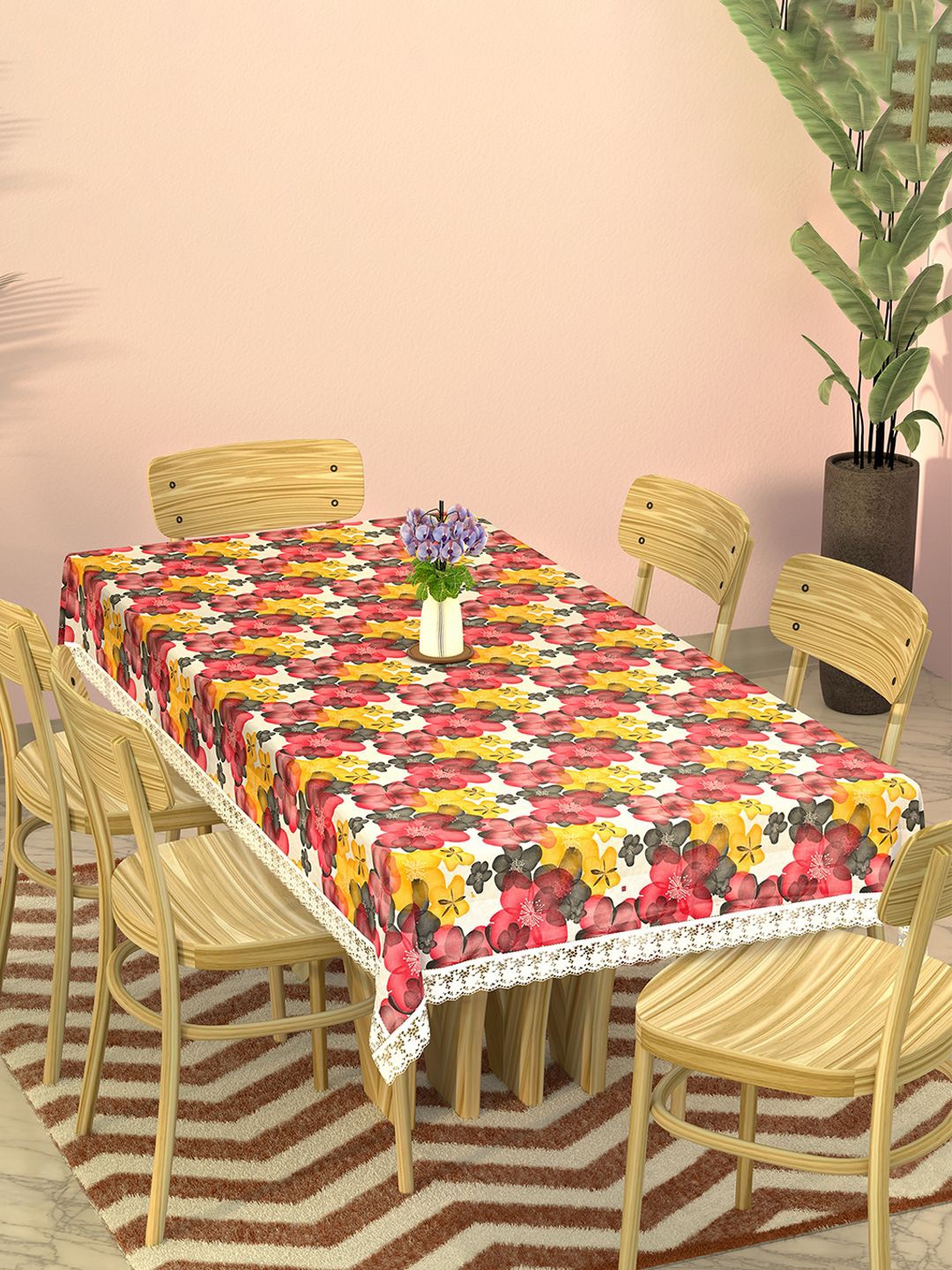 

Kuber Industries White & Yellow Floral Waterproof 6-Seater Table Cover