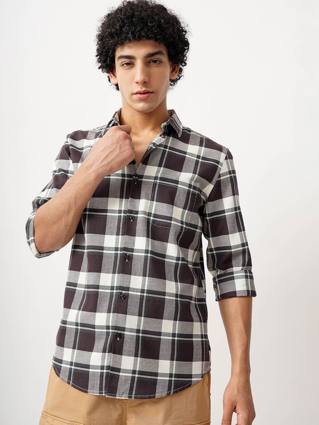

British Club Men Comfort Spread Collar Tartan Checked Cotton Casual Shirt, Charcoal