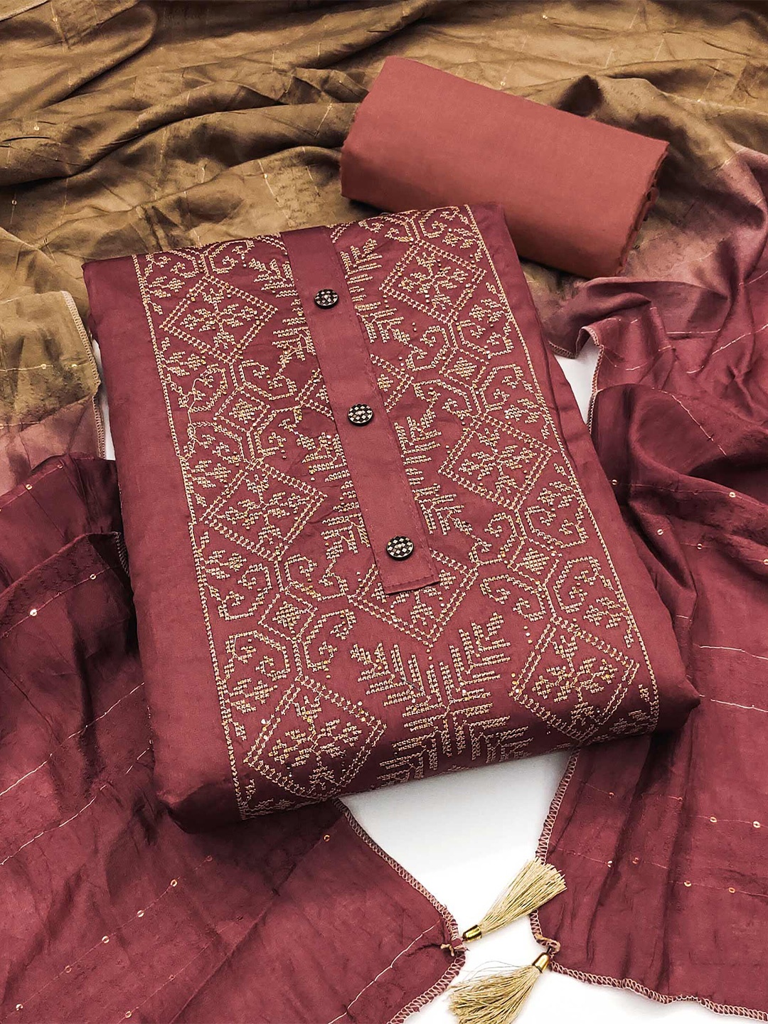 

Peachmode Women Embroidered Unstitched Dress Material, Maroon