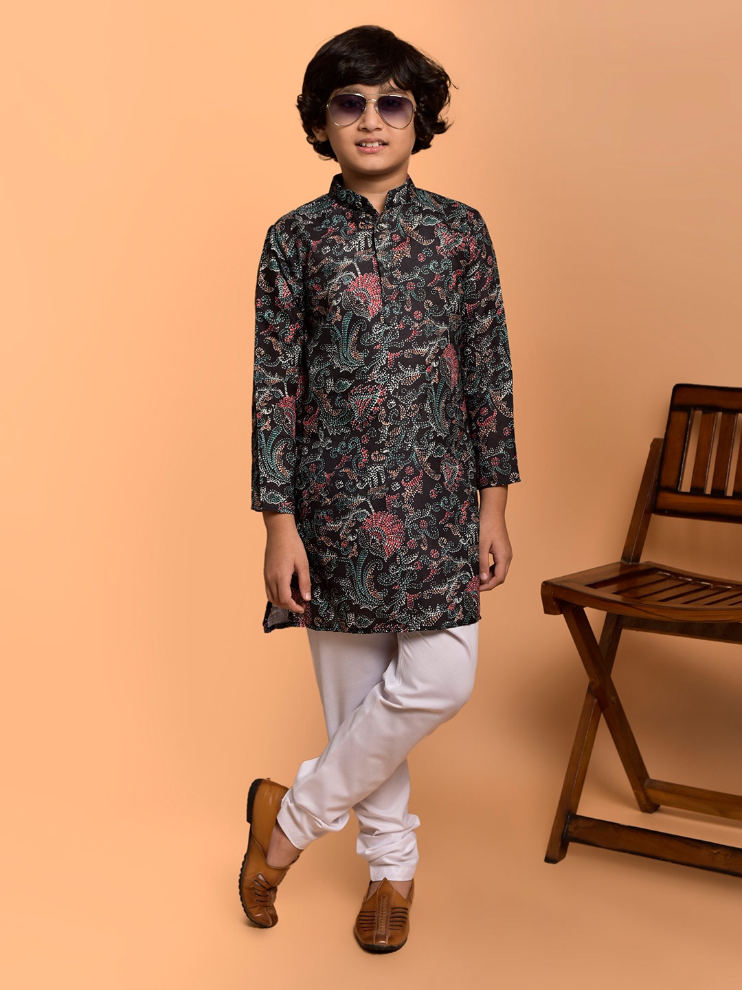 

PRINTCULTR Boys Ethnic Motifs Printed Mandarin Collar Straight Kurta With Churidar, Black