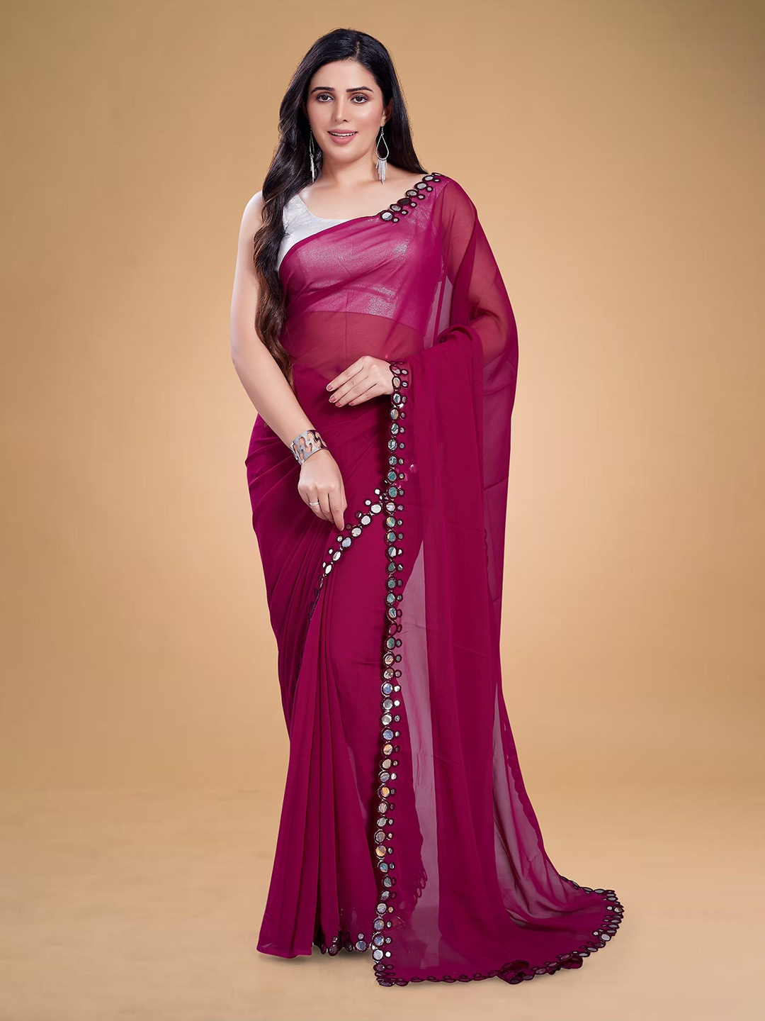 

Rani Saahiba Mirror Embroidered Work Poly Georgette Saree, Purple