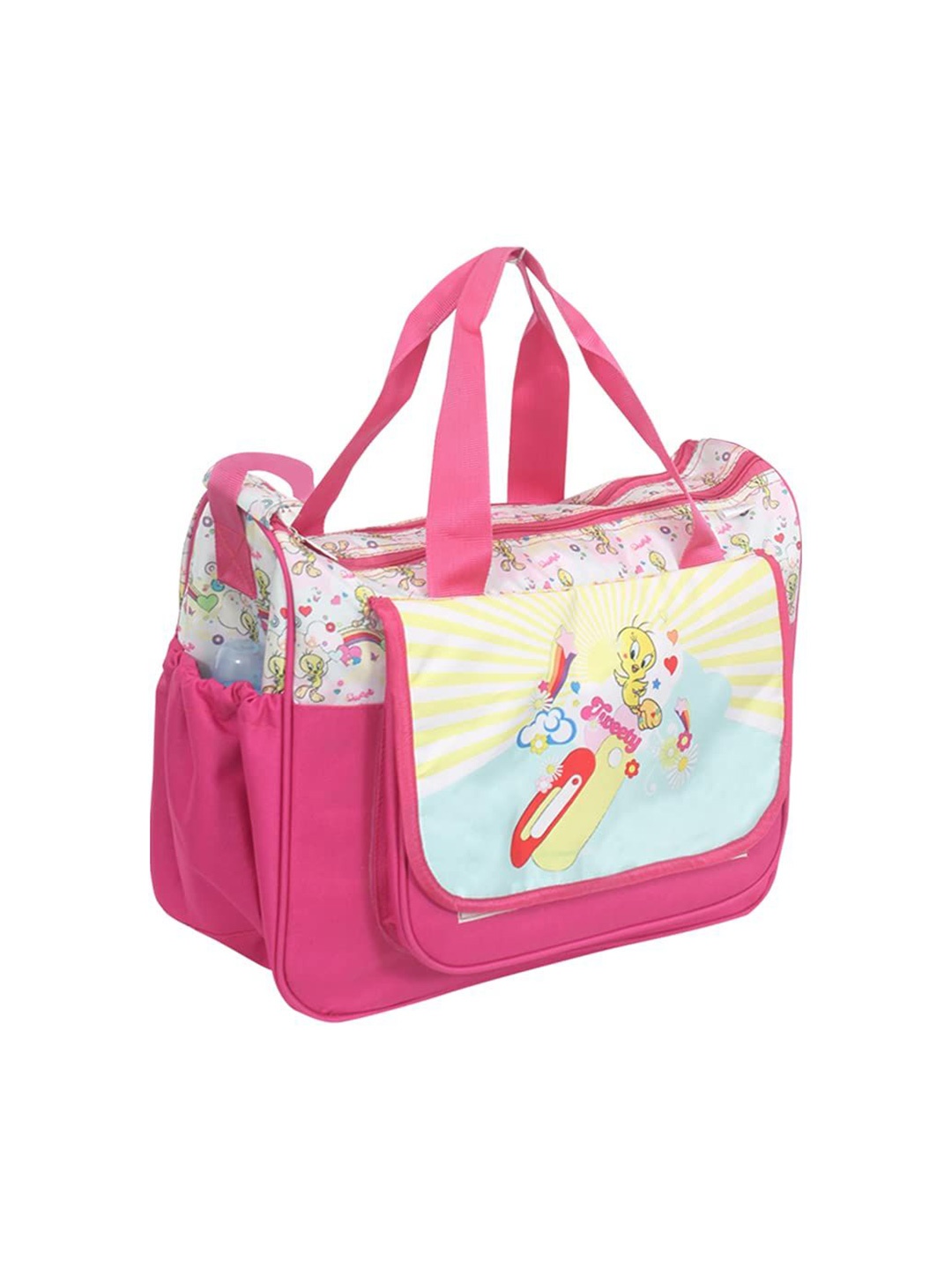 

prettykrafts Printed Fabric Diaper Bag with Bottle Cover, Tiffin Cover & Changing Mat, Pink