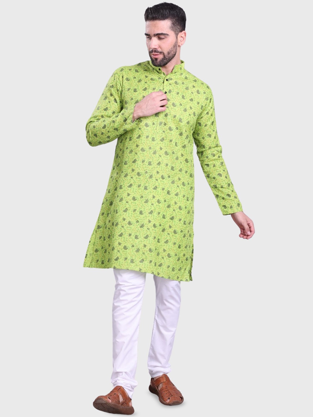 

ENCINO Abstract Printed Mandarin Collar Cotton Straight Kurta, Green