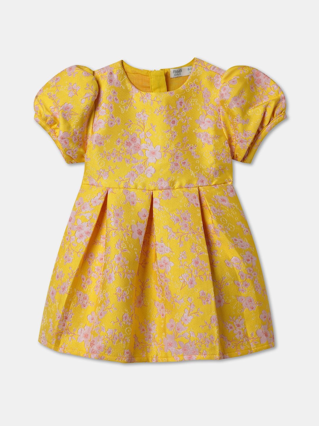 

R&B Girls Floral Print Puff Sleeve Fit and Flare Dress, Yellow