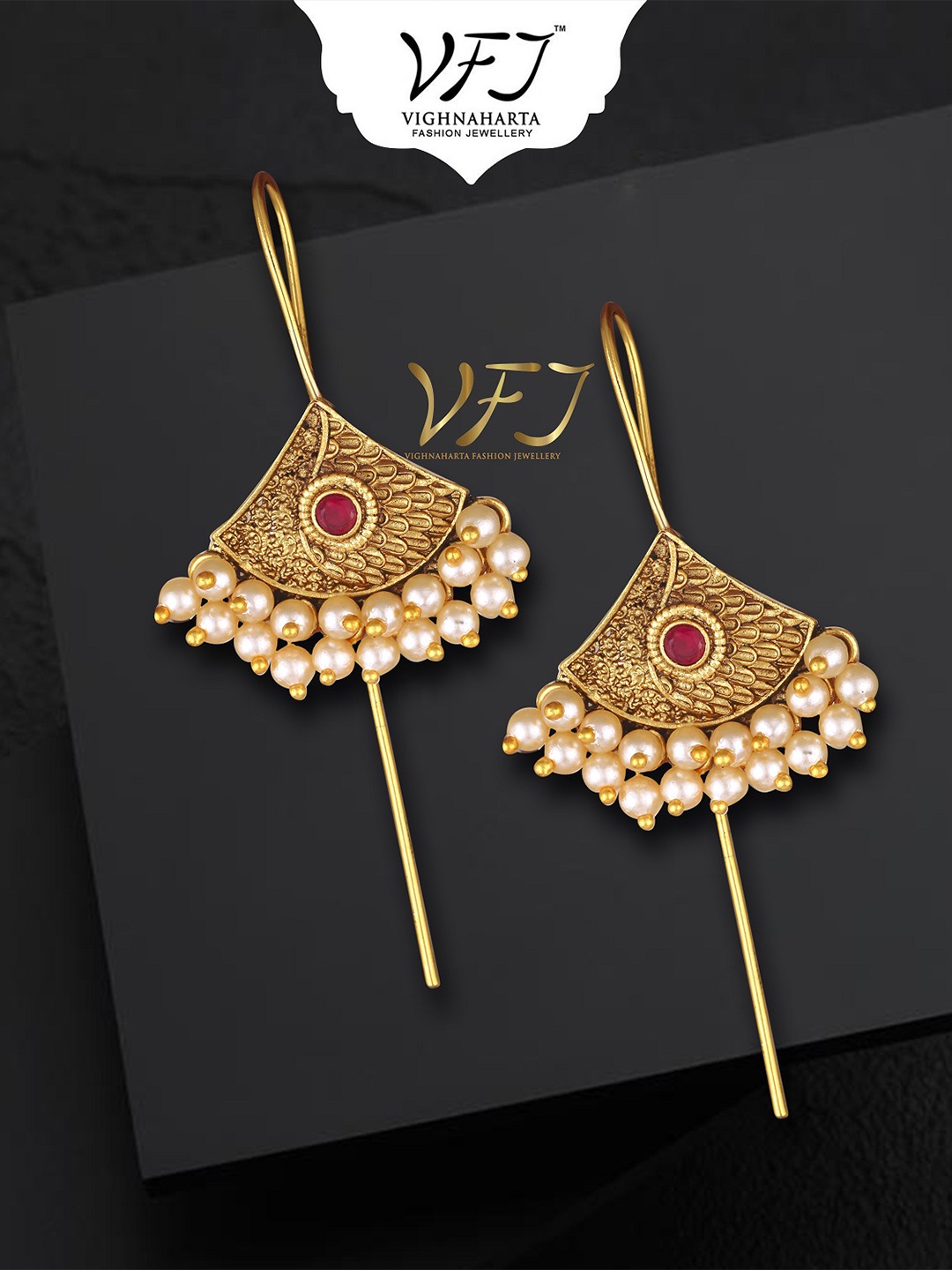 

Vighnaharta Gold-Plated Pearls Studded Floral Chandelier Ear Cuff Earrings, Red