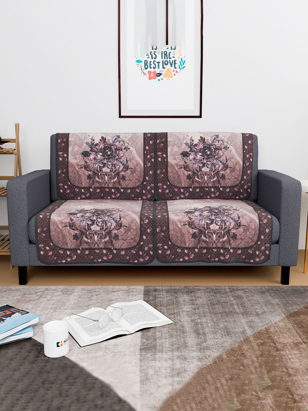 

Kuber Industries Brown & Pink 4 Pieces Printed 2-Seater Cotton Sofa Covers