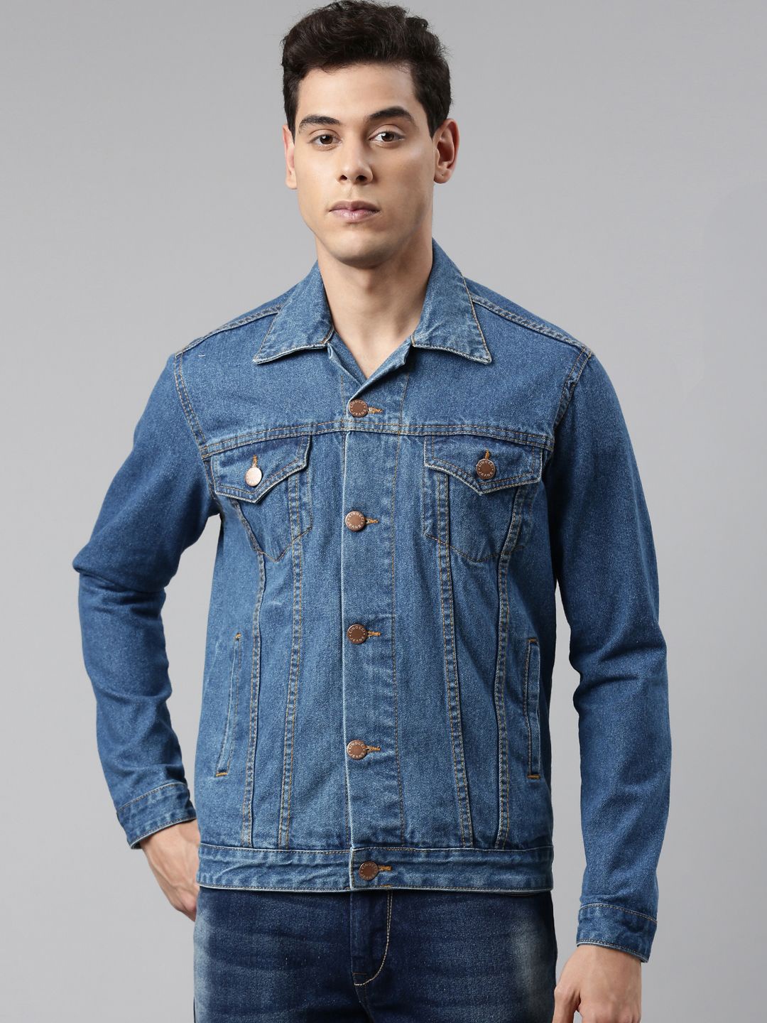 

CINOCCI Men Spread Collar Solid Cotton Casual Denim Jacket, Blue