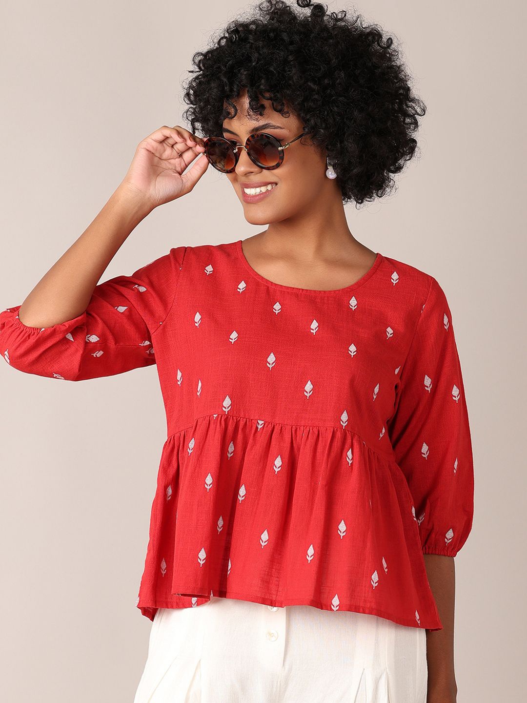 

V-Mart Women Conversational Printed Round Neck Cotton Top, Red