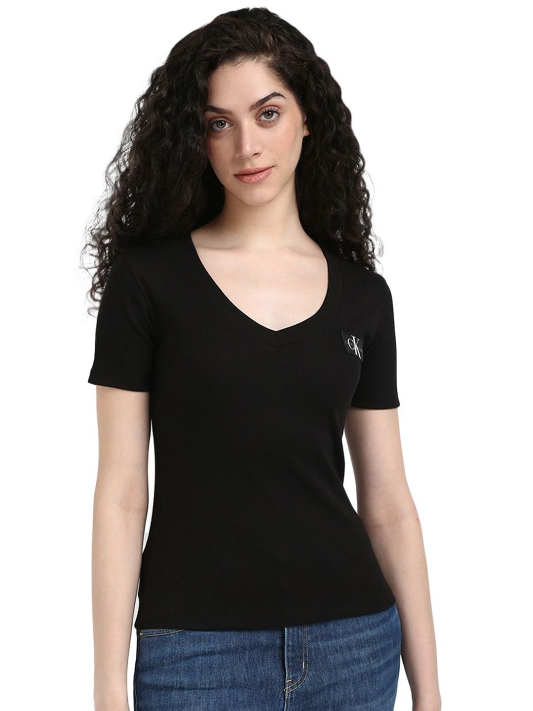 

Calvin Klein Jeans Women Solid V-Neck Cotton T-shirt, Black