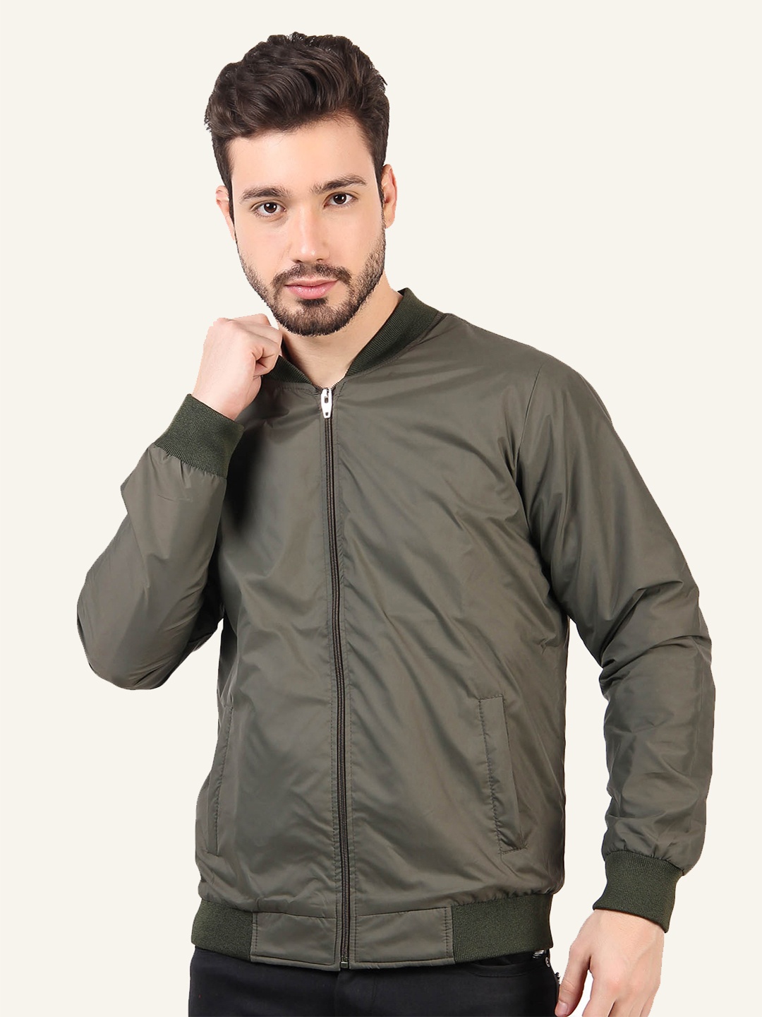 

Leather Retail Men Stand Collar Solid Casual Biker Jacket, Green
