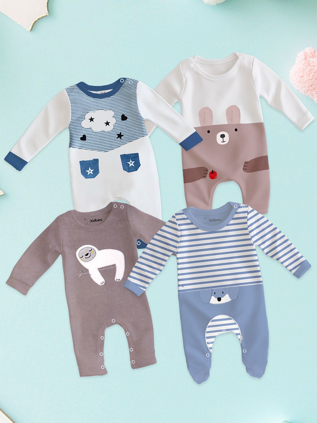 

Kidbea Infants Pack Of 4 Printed Oragnic Cotton Rompers With Sleepsuit, Blue