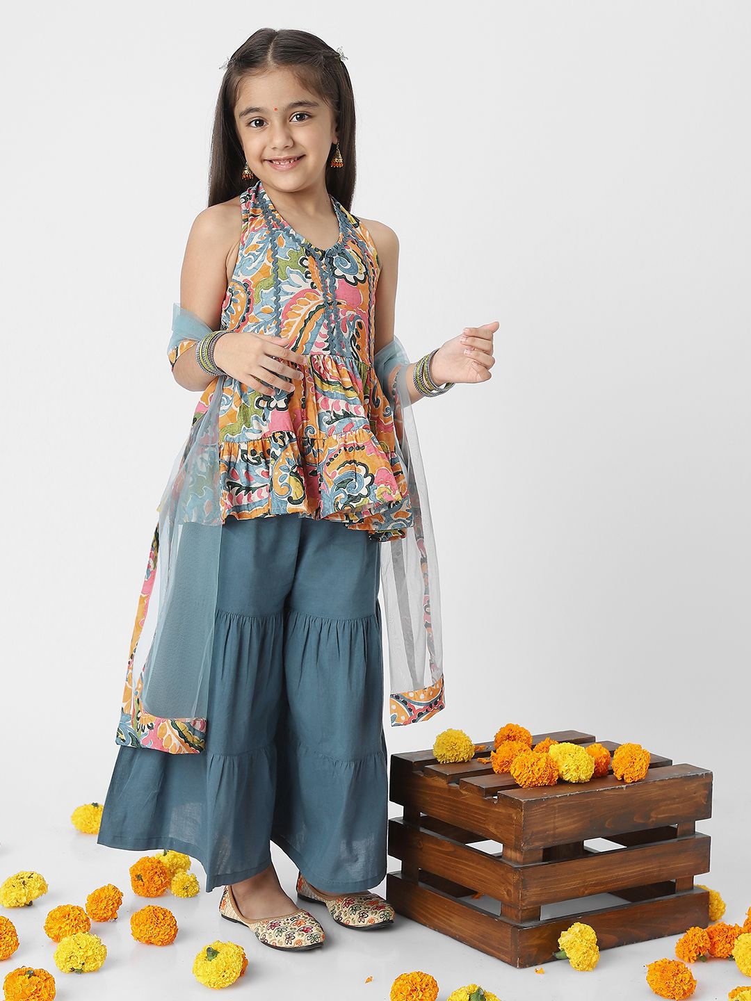 

Nautinati Girls' Printed Kurti Sharara Set with Dupatta, Orange