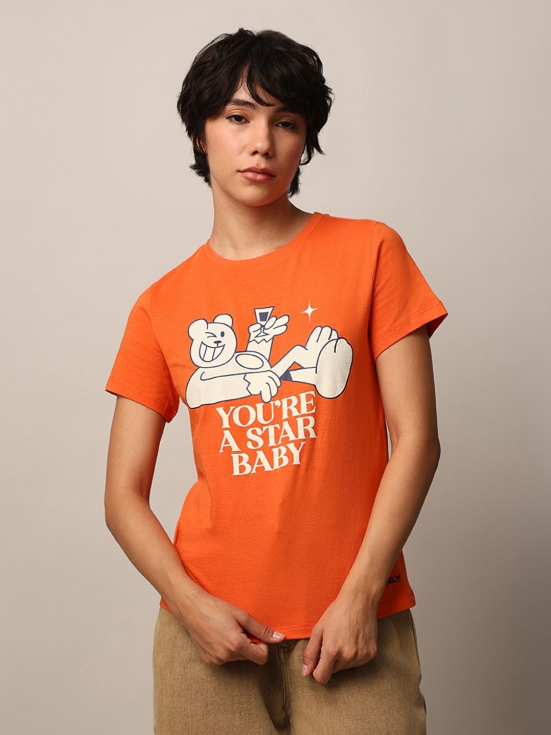 

ONLY Women Typography Printed Round Neck Cotton T-shirt, Orange