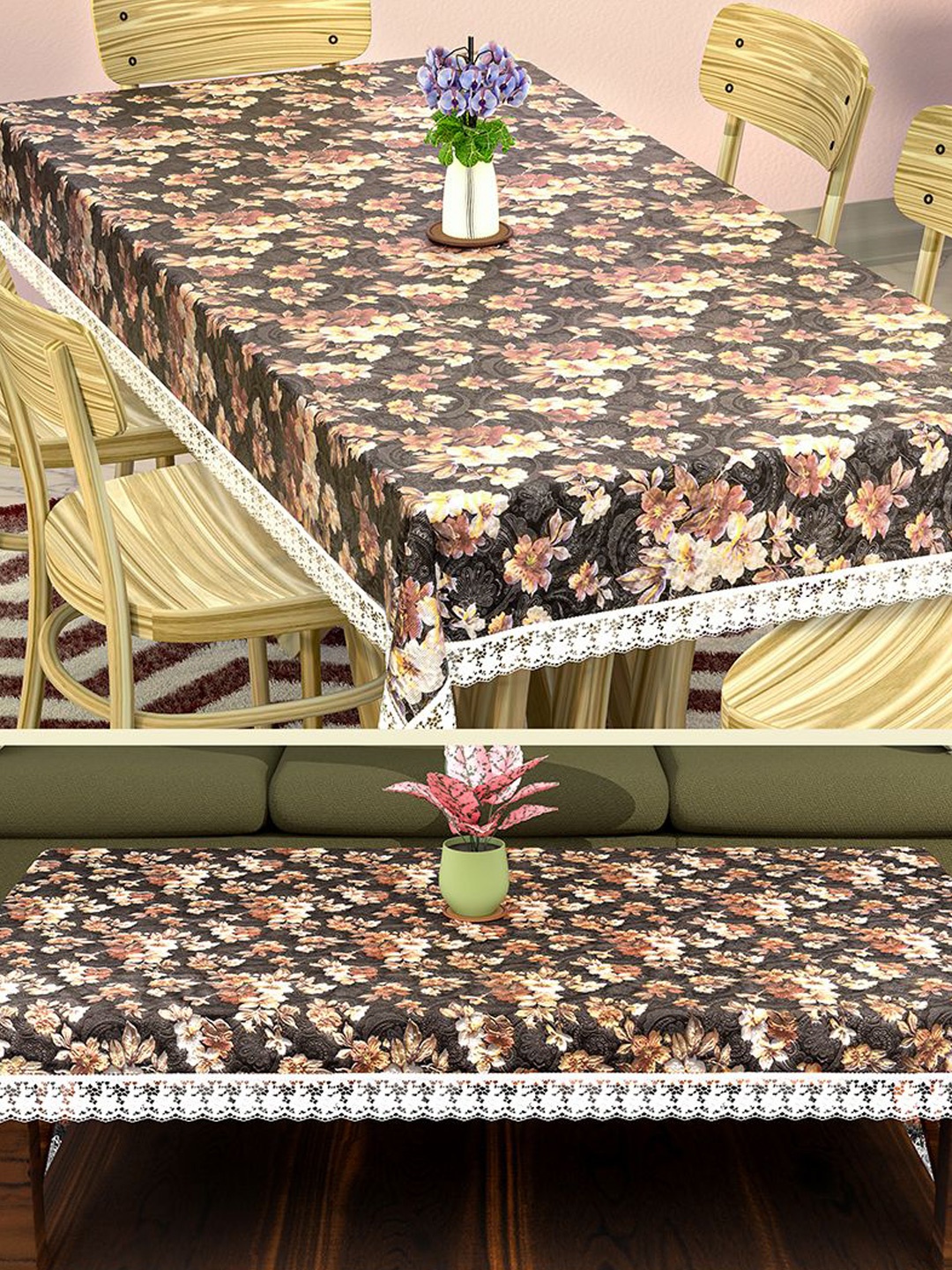 

Kuber Industries Grey & Brown 2 Pieces Floral Waterproof 6-Seater Table Cover
