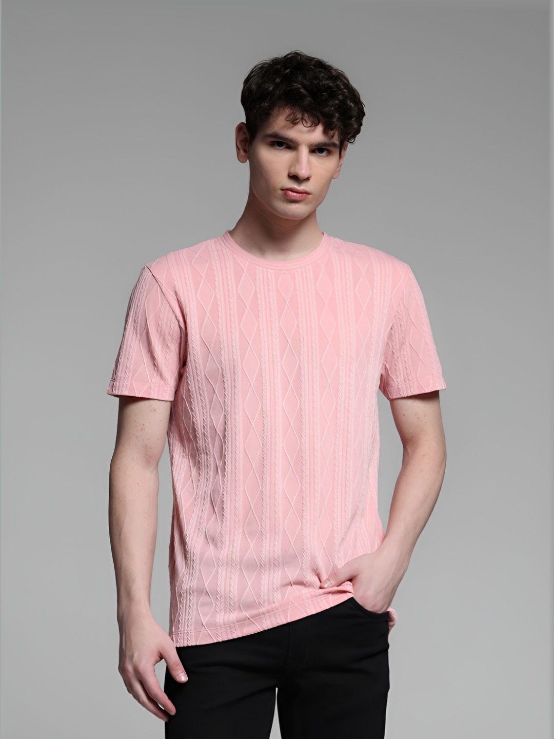

Jack & Jones Men Self Design Round Neck Slim Fit T-shirt, Pink