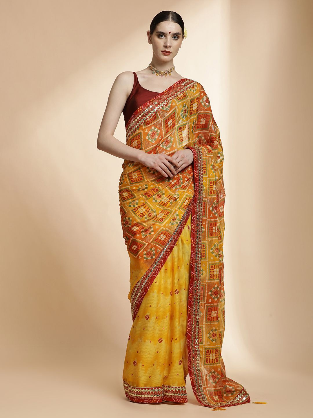 

Jaipur Kurti Festive Bandhani Embroidered Pure Georgette Saree, Yellow