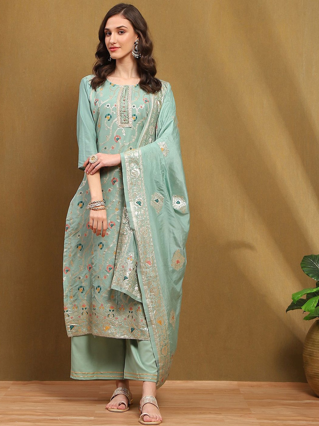 

Biba Floral Woven Design Zari Unstitched Dress Material, Green