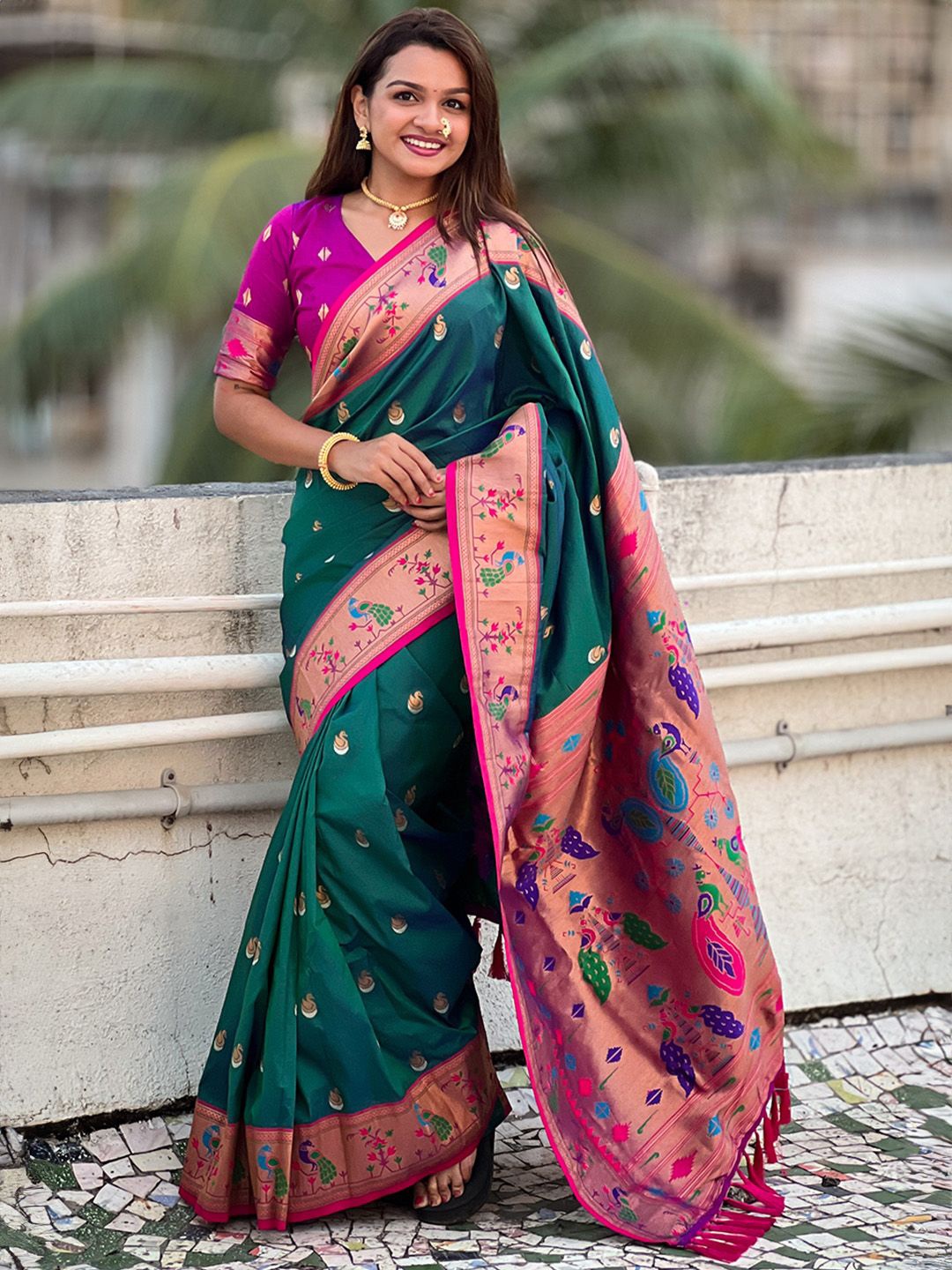 

Ishin Ethnic Motifs Woven Design Zari Paithani Saree, Teal