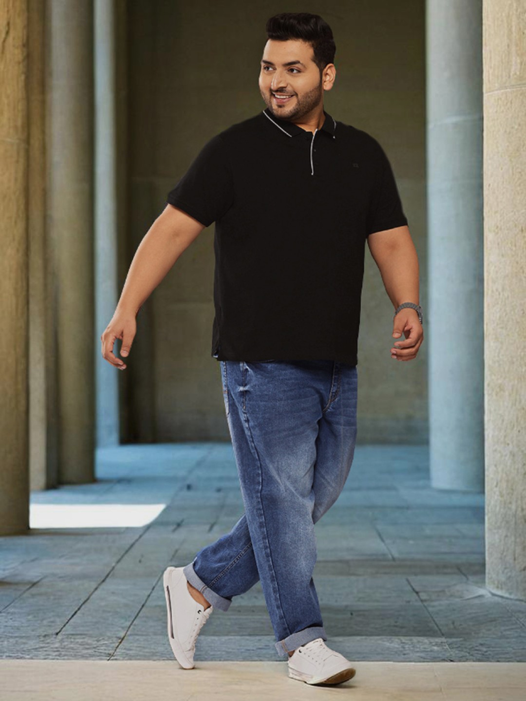 

Sztori Plus Size Polo Collar Pure Cotton T-shirt, Black