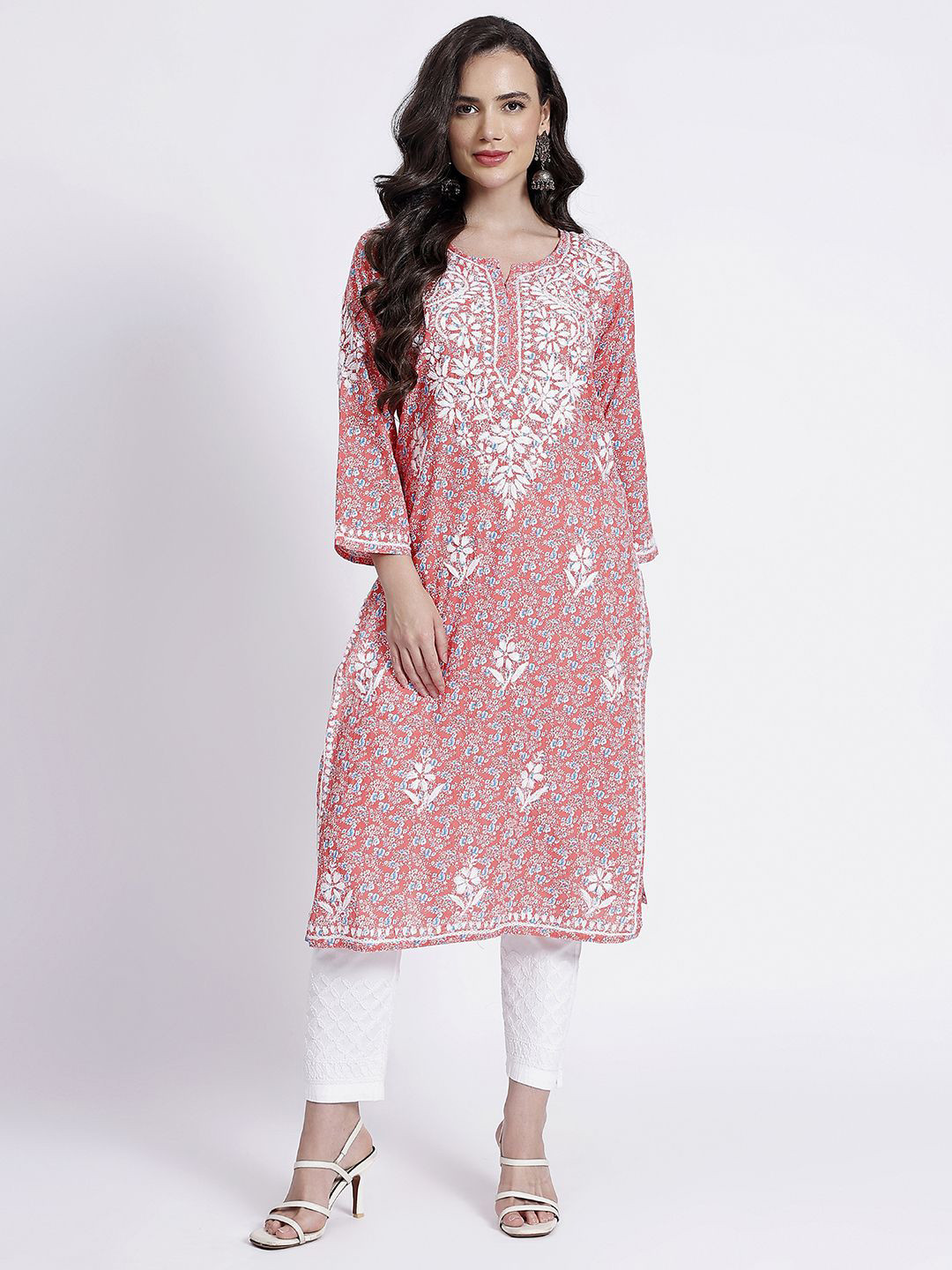 

NAZAQAT ETHNIC INDIA Women Floral Embroidered Chikankari Cotton Kurta, Coral