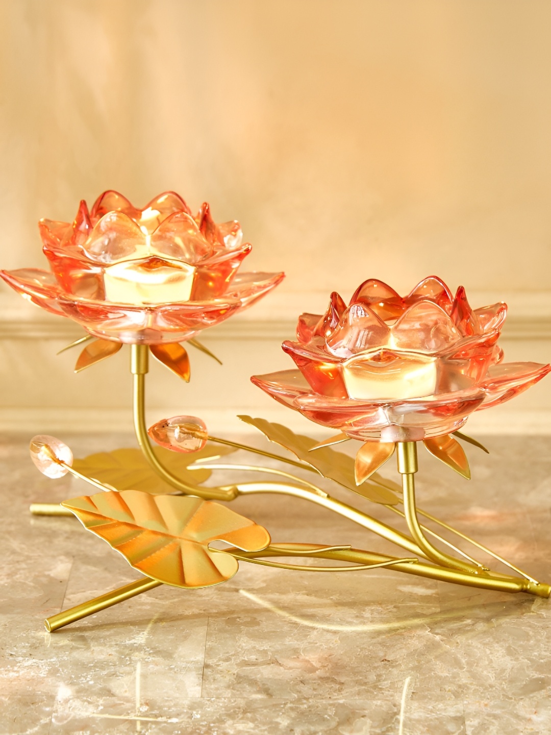 

Home Centre Wables Lotus Pink and GoldToned Glass T-Light Candle Holder