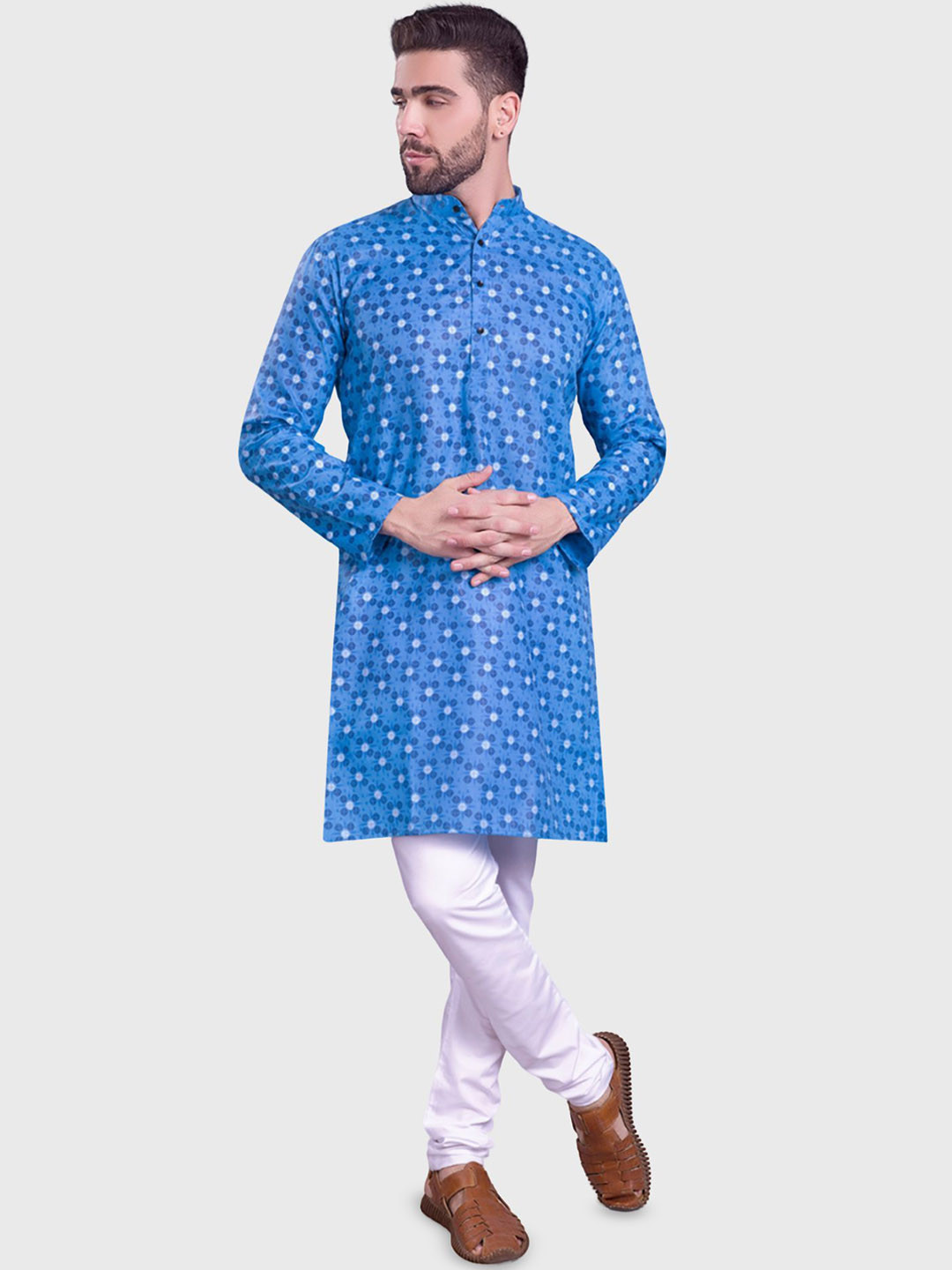 

ENCINO Geometric Mandarin Collar Straight Kurta, Blue