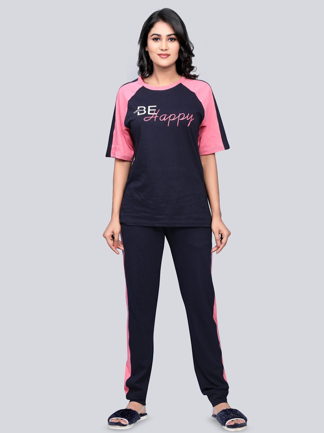 

evolove Women Printed Night Suit, Navy blue