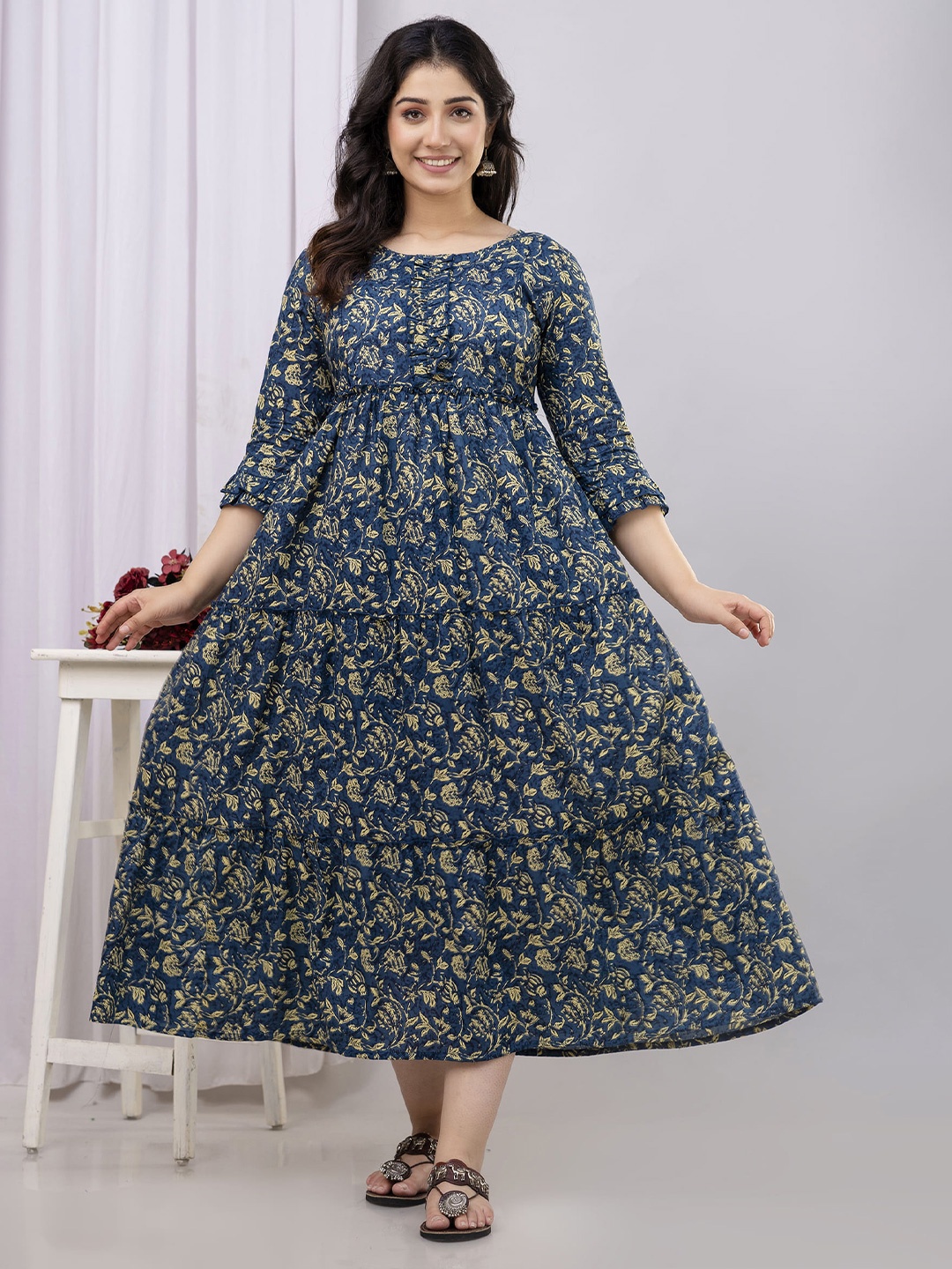 

VARICOS Floral Printed Pure Cotton Maternity Fit and Flare Midi Dresses, Navy blue