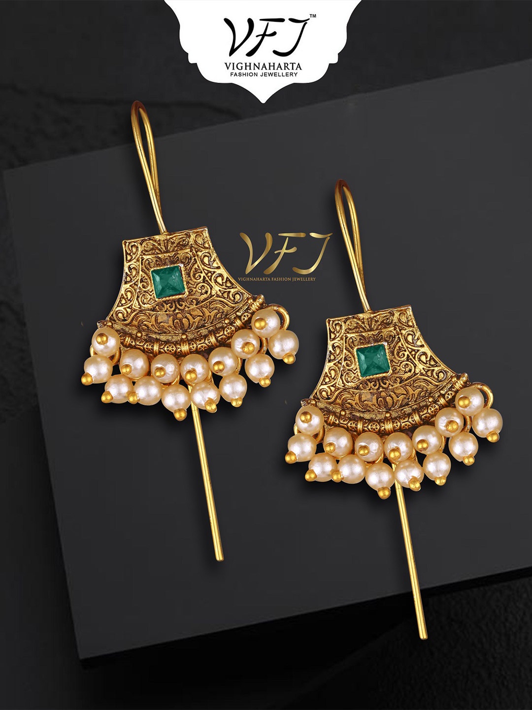 

Vighnaharta Gold-Plated Pearls Studded Floral Chandelier Ear Cuff Earrings, Green