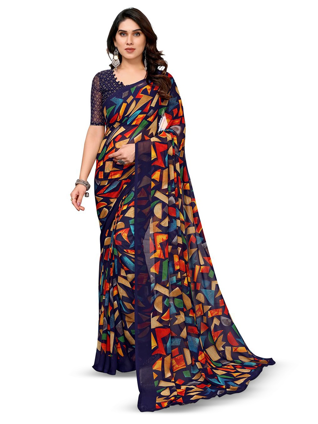 

ANAND SAREES Geometric Printed Saree, Navy blue