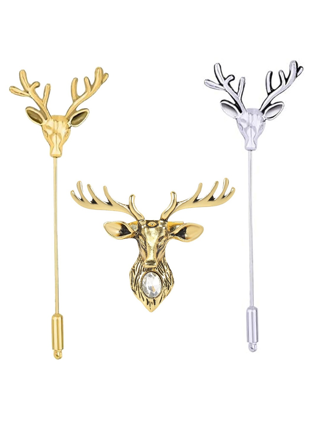 

Mahi Pack of 3 Men Gold & Silver Toned Deer-Face Shaped Brooches