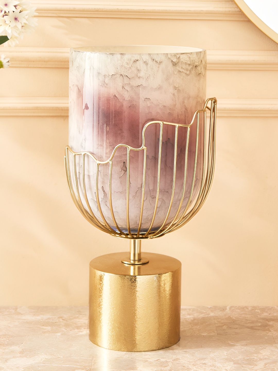 

Home Centre Paloma Rio Gold-Toned & Purple Metal Hurricane Candle Holder