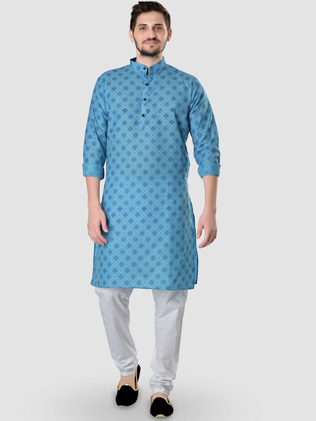 

ENCINO Geometric Printed Band Collar Cotton Straight Kurta, Blue