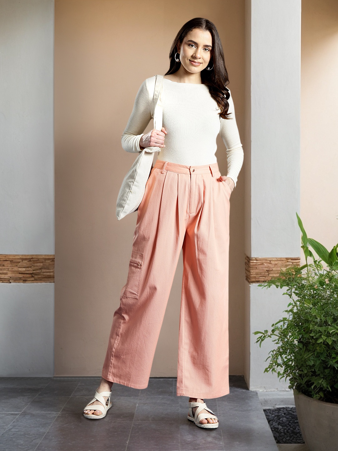 

Mast & Harbour Women Flared Fit Pleated Pure Cotton Trousers, Peach