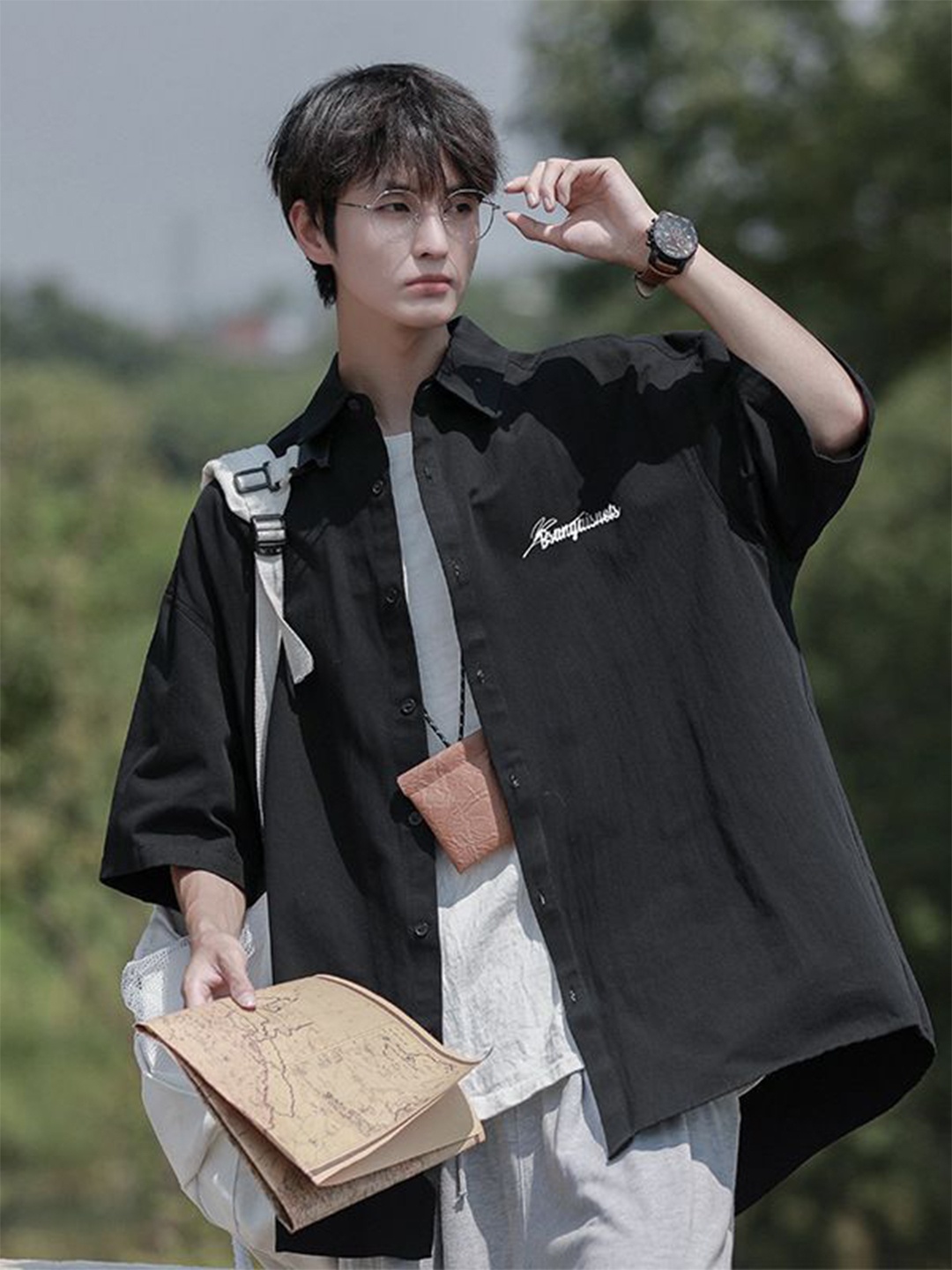 

StyleCast Men Spread Collar Typography Printed Relaxed Fit Casual Shirt, Black