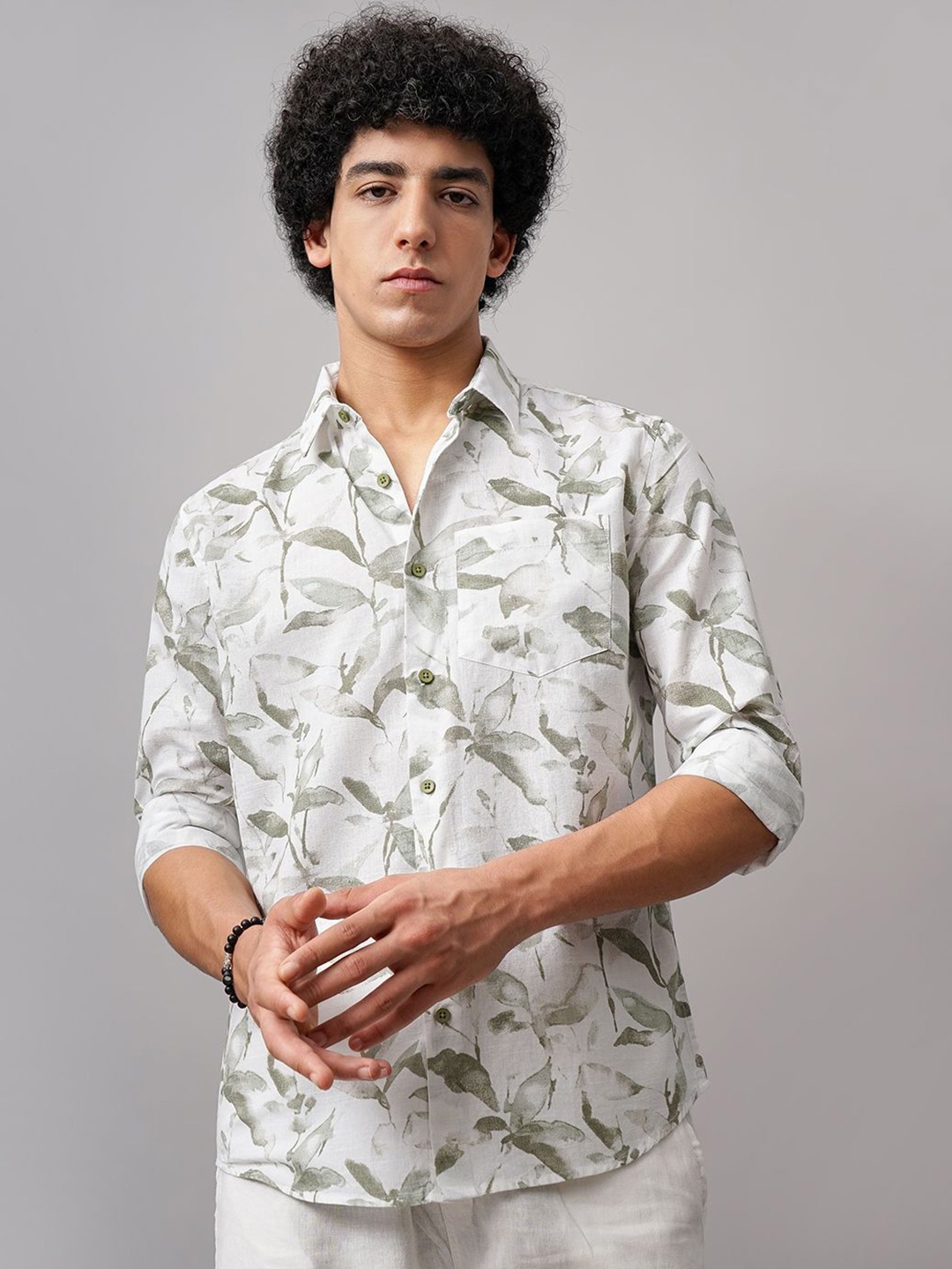 

British Club Men Comfort Spread Collar Floral Printed Cotton Slim Fit Casual Shirt, White