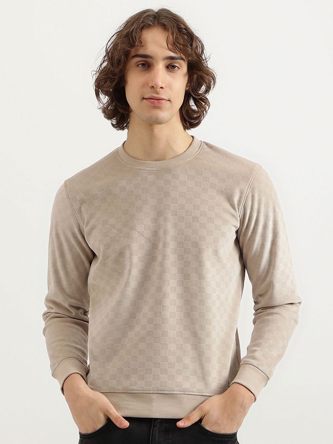 

United Colors of Benetton Men Geometric Printed Round Neck Pullover Sweatshirt, Beige