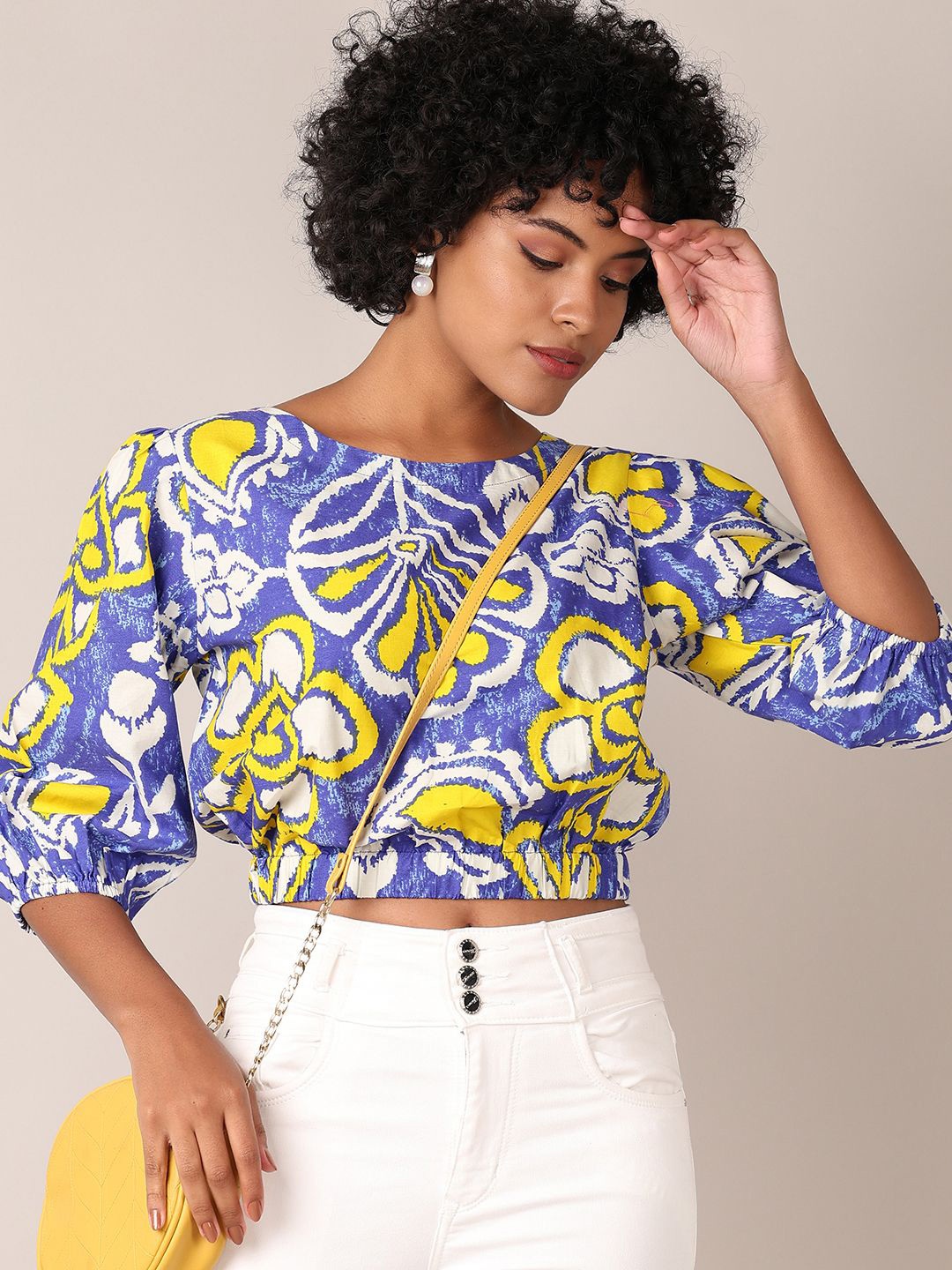 

V-Mart Women Floral Printed Boat Neck Cotton Top, Blue
