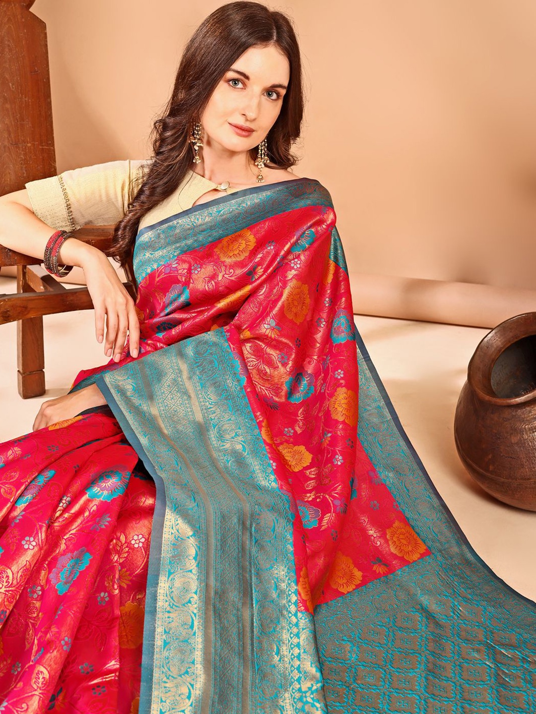 

Anouk Woven Design Zari Dharmavaram Saree, Pink