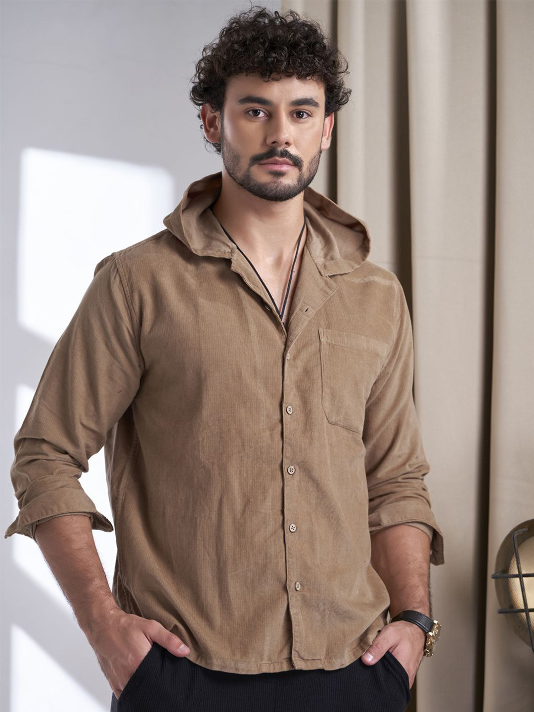 

VALEN CLUB Men Premium Hood Solid Casual Shirt, Brown