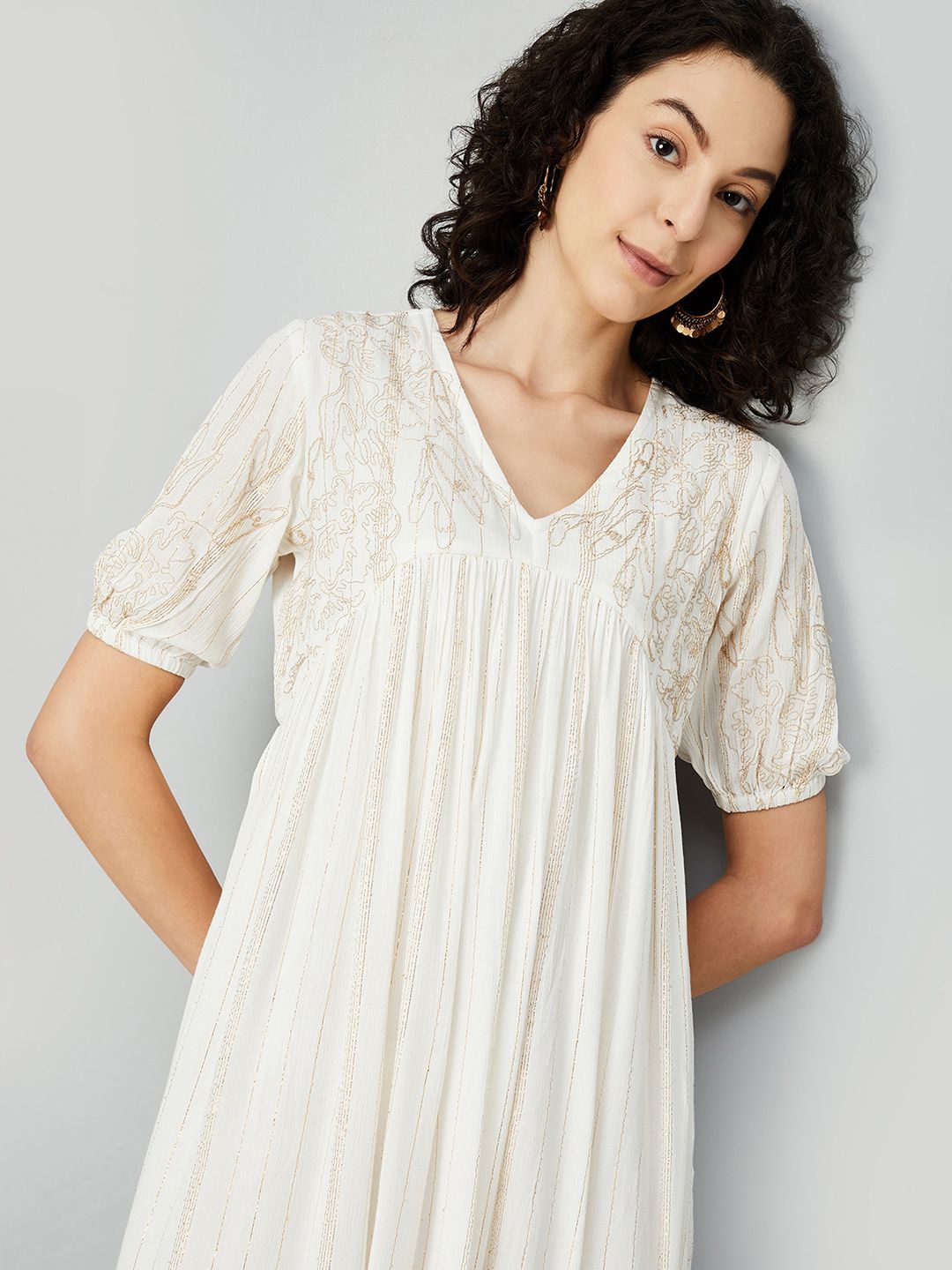 

max Women V-Neck Puff Sleeve Self Design Embroidered A-Line Dress, Off white
