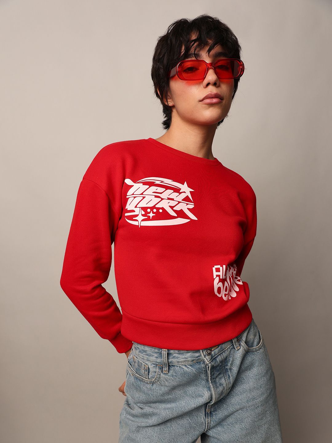 

ONLY Women Typography Printed Round Neck Cotton Pullover Sweatshirt, Red