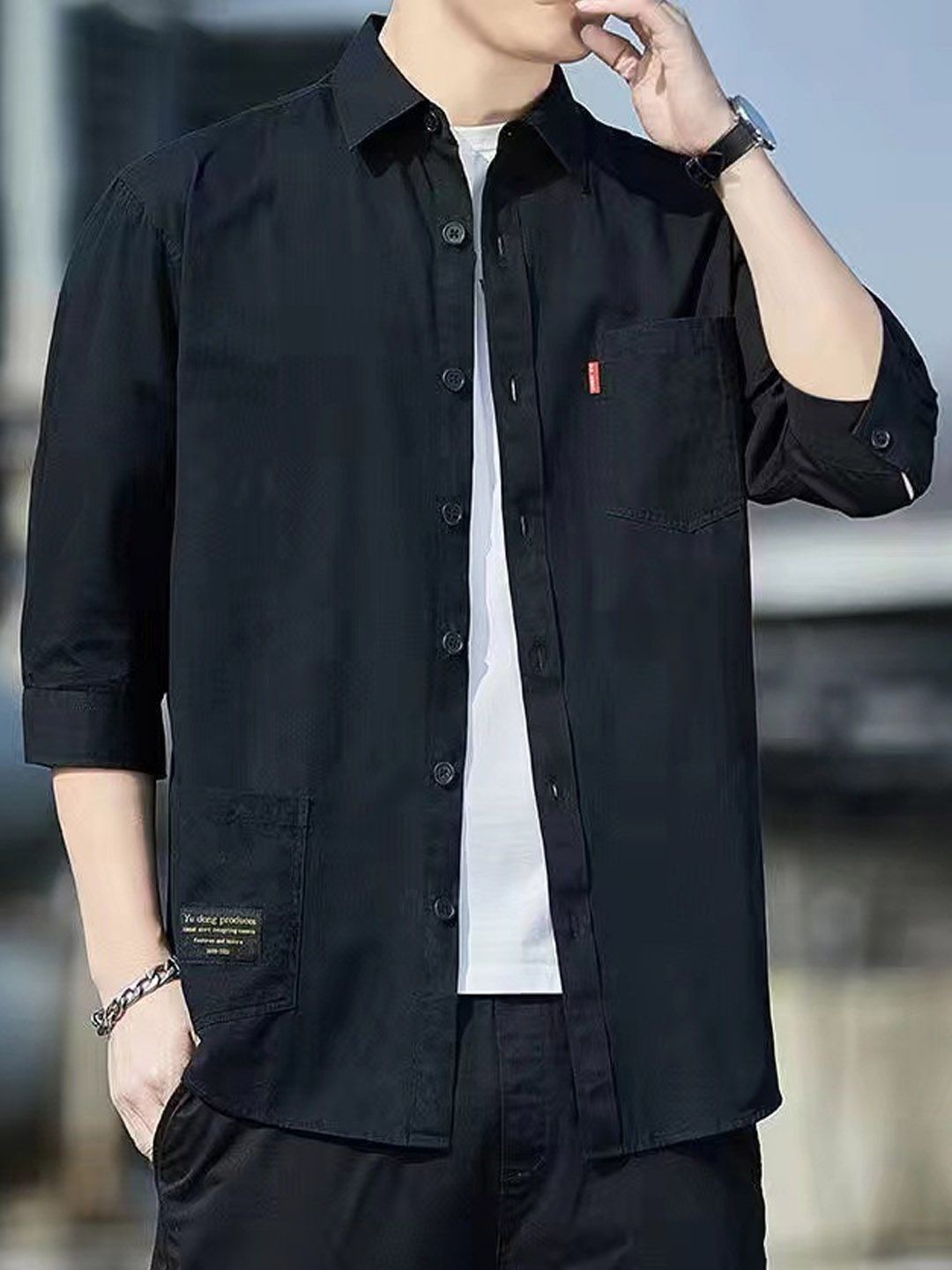 

StyleCast Men Spread Collar Tartan Solid Cotton Casual Shirt, Black