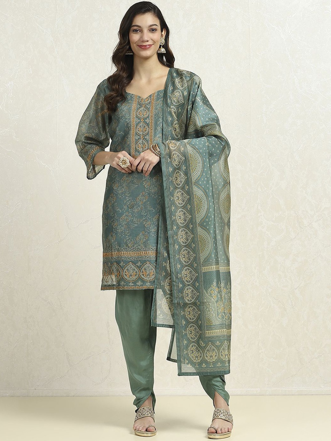 

Biba Floral Printed Zari Unstitched Dress Material, Green