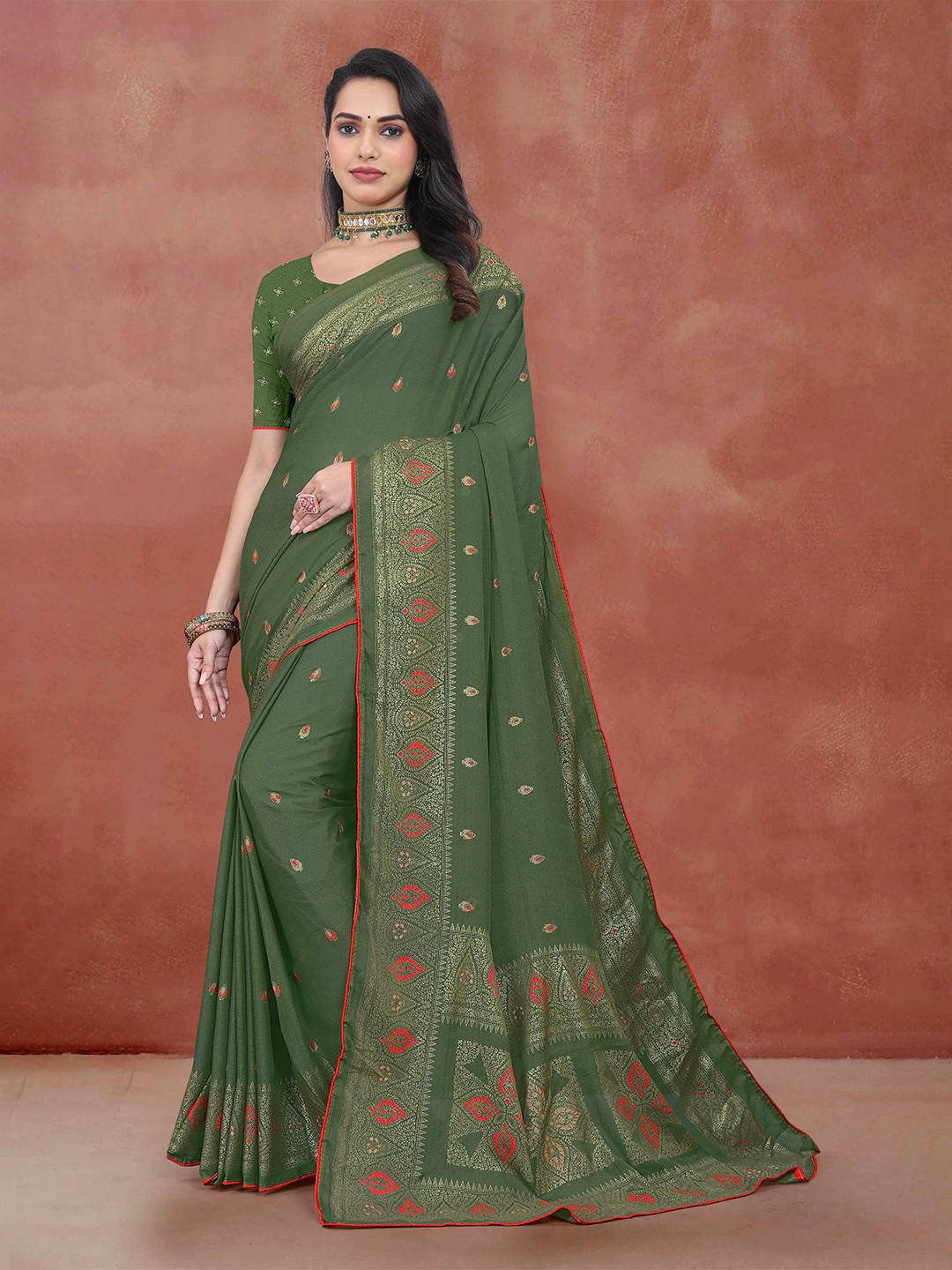 

STAVA CREATION Woven Design Zari Pashmina Saree, Green