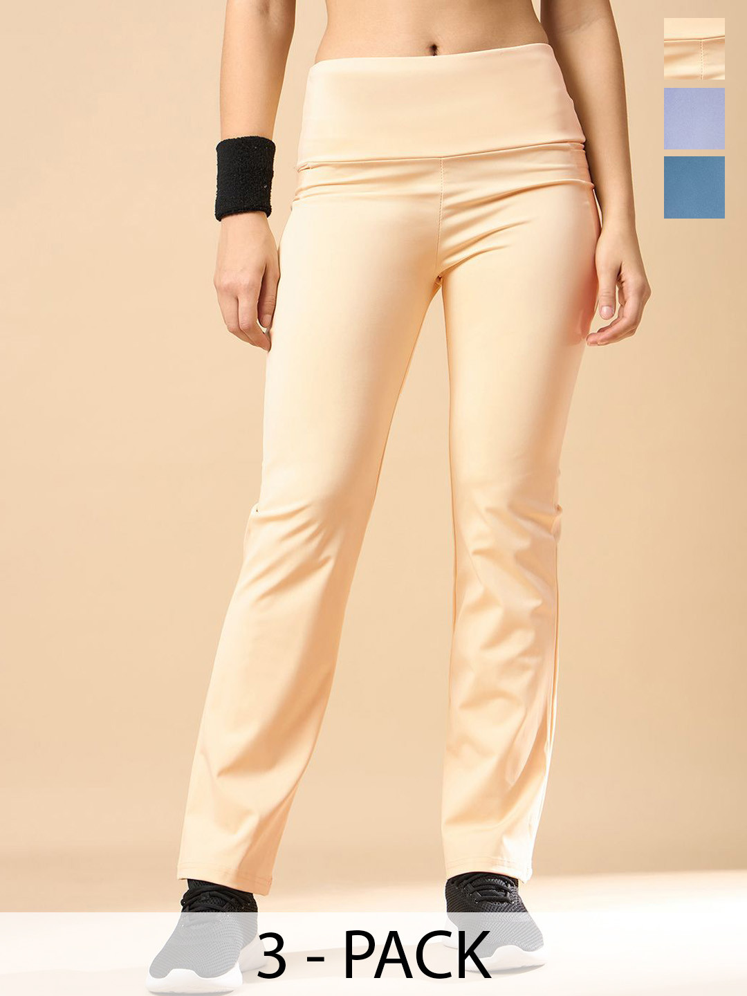 

COLOR CAPITAL Women's Pack Of 3 Mid-Rise Antimicrobial Flared Gym Tights, Cream