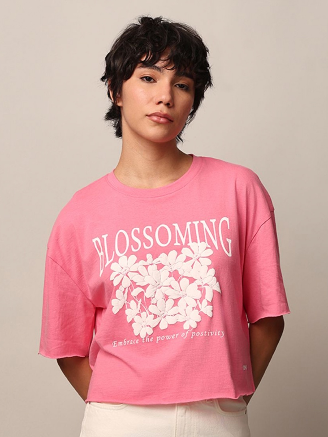 

ONLY Women Floral Printed Round Neck Cotton T-shirt, Pink