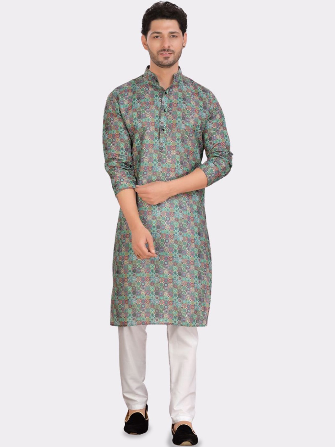 

ENCINO Floral Printed Mandarin Collar Cotton Straight Kurta, Green