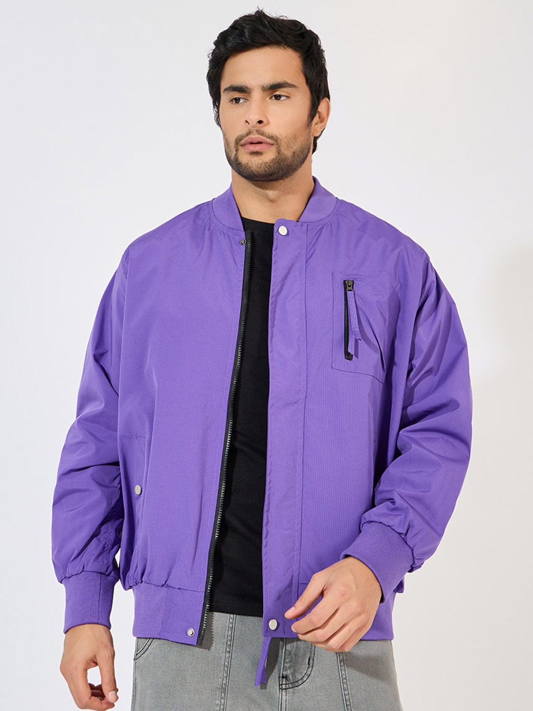 

Styli Men Stand Collar Solid Casual Bomber Jacket, Purple