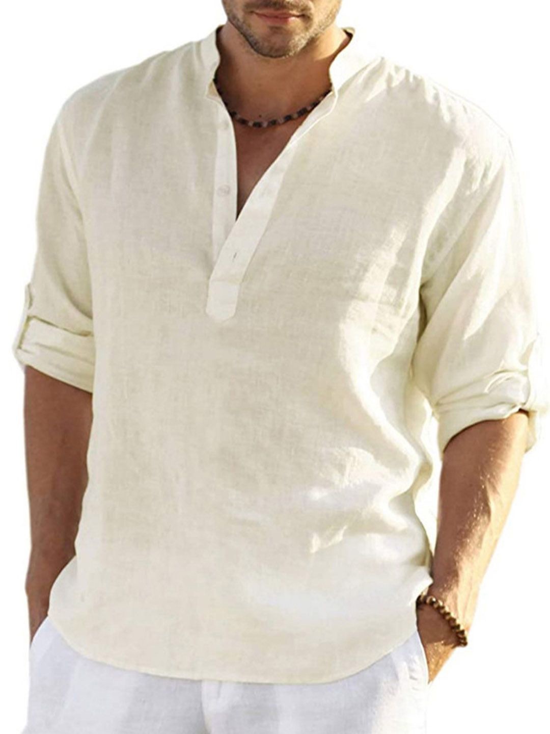 

StyleCast Men Band Collar Solid Cotton Casual Shirt, White